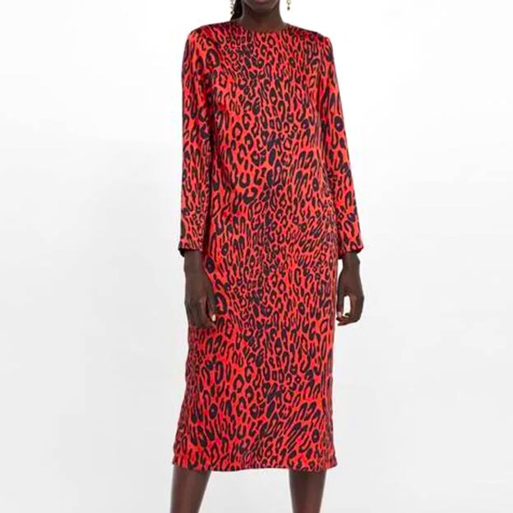 Zara Womens Animal Leopard Print Midi Dress Silky Red Black Size XS
